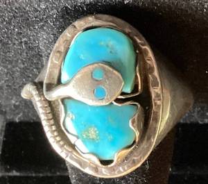 lot 52 image: 2 Turquosie Stone .925 Sterling Silver Snake Ring by Effie C. Zuni - Size 10.5