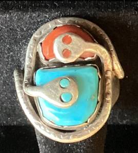 lot 53 image: Double Snake Turquoise and Coral .925 Sterling Silver Ring Effie C. Zuni - Size 11