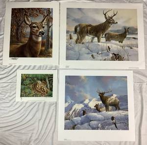 lot 74 image: White Tail Deer and Mountain Elk Prints includes Hiding Out by Jerry Gadamus, Leading Lady by James A Meger, Broken Fence and Winter Portrait by Mario Fernandez