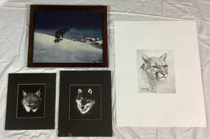 lot 72 image: Vintage The Lone Wolf Framed Print by Alfred Von Wierusz-Kowalski, Two Reproduction Scratch Board Prints by Gordon Peterson -Lynx and Wolf, and Cougar Pencil Sketch by Derk Hanesen