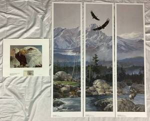 lot 79 image: Mario Fernandez 1984 Conservation Stamp and Print The American Bald Eagle Foundation and If I Could Only Fly Trio of Prints - Plates I,II,and III
