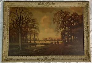 lot 114 image: Ornately Framed Vintage Print - Unknown - A Pastoral Fall Landscape by G. Perran.