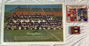 Vintage NFL Bundle - Includes: 1976 Minnesota Vikings Roster Poster with Jim Marshall Autograph, IHOP NFL Magnetic Team Standings Board and Magnets ( Missing Miami Dolphins), and 1997 Vikings Hallmark Ornament