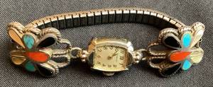 lot 94 image: Vintage Wittnauer Sterling Silver Butterfly with Turquoise and Coral Inlay 14K Gold Watch