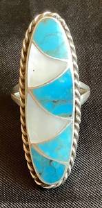 lot 50 image: Nelson Lee Zuni .925 Sterling Silver Turquoise and Shell Ring Size - 10.75