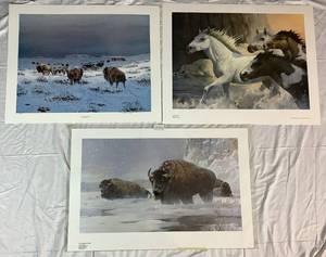 lot 75 image: Prairie Companions - Unframed Prints of Art Bison and Wild Horses featuringSurviving the Past by Rick Kelley and The Faces of Winter & The Chosen Path by Mario Fernandez
