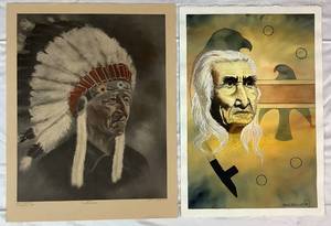 lot 10 image: Native American Collection Featuring Original Painting by Ojibwe Artist Donald Kakageesick - Signed - 15x22.25 and Ka Ka Gesick - Everlasting Sky Print by Jackie Dingman - Signed 12250 Marked Hand Painted - 17.5x22
