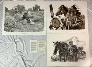 lot 103 image: Collection of 3 Unframed Prints by Paul Calle Caring for the Herd, Chief High Pipe, and The Lonely Watch
