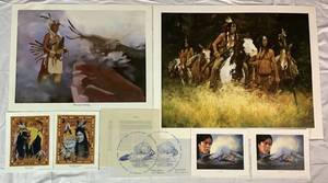 lot 105 image: Collection of Unframed Native American Prints - Includes The Warning by Howard Terpning , The Last Journey by Rick Brown, Phantos of the Plains & Night Trackers by Mary Jo Pittman, and (2) Visions of Life by Marian Anderson