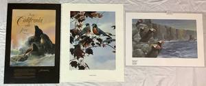lot 109 image: Collection of 3 Mario Fernandez Pieces Monestery Rock Tufted Puffins, From California with Love, and Springtime and Robins