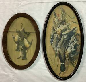 lot 33 image: Pair of Hunters Bounty Vintage Oval Framed Prints (16.5 x 8.5 and 12 x 8)