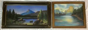 lot 61 image: Pair of Vintage Framed Original Artwork Pieces Depicting Mountain Landscapes by M.S. Pollard 1241 ( 32.5x18.5) and Nelson SC (22.5x19)