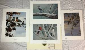 lot 63 image: Collection of Unframed Backyard Birds Featuring Mario Fernandez (After The Rain, Springtime and Robins, Red on a Winters Day) and Daniel Smith (Winter Sentinel)