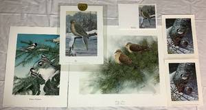 lot 64 image: Collection of Chickadees and Mourning Doves featuring Scott Zoellick-(2) Winter Chickadee, Kevin T. Daniel - Winter Chickadees , Mario Fernandez -The Last Day of Winter, and Joe Garcia - Resting-Doves
