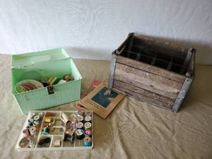 lot 19 image: Vintage Fergus Wooden Bottle Crate and Vintage Sewing Box with Accessories