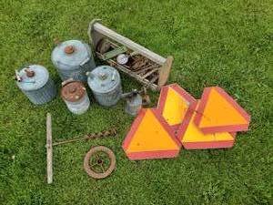 lot 37 image: Lot of Vintage Tools Cans signs and more