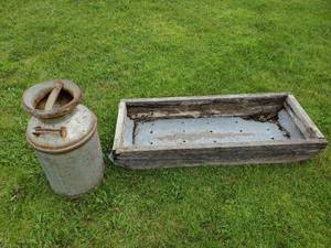 lot 43 image: Vintage Milk can and unique Wooden and metal Trough for Flowers or Raised Garden with Holes for drainage
