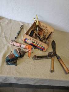 lot 46 image: Various Tools and Vintage Fruit Crate and Vise