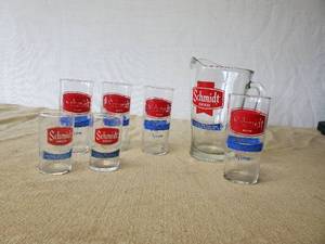 lot 50 image: Vintage Schmidt Pitcher and Glasses, 2 Sizes of Glasses