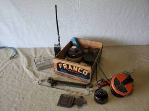 lot 72 image: Misc Lot of Tools, retractable Light, TRC-217 Transceiver, and more with Vintage Fruit Crate