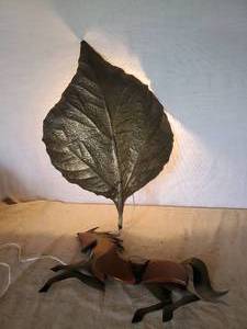 lot 105 image: Awesome Large Metal Leaf Wall Hanging Light and Masketeer Wooden Horse Dcor