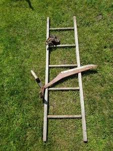 lot 116 image: Vintage Wooden Ladder, Pulley, and Antique Hay Knife