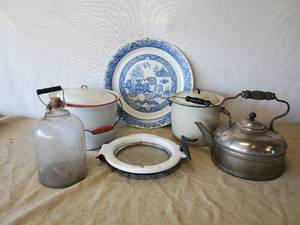 lot 131 image: Enamel Pots Larch Pot With Spout and Wooden Handle, Glass C.S. Brackett Co. Mpls MN Jug and more