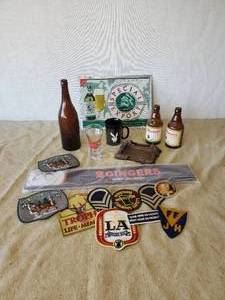 lot 133 image: Beer and Patch Lot RARE Brown Schlitz Bottle,  Special export Sign never used, Pioneer Beer Bottles,  and More