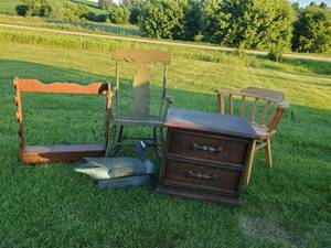 lot 140 image: Vintage Furniture Lot including An Awesome Wooden Rocking Chair, Gun Shelf, and Goose Decoy and more