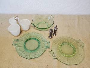 lot 145 image: Beautiful Green Glass Plates and Bowl with unique design, Sterling Silver Salt and Pepper Shaker and Vintage Tuperware