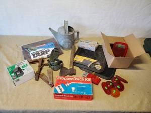 lot 147 image: Misc Lot Propane Torch Kit, Small Hand Axe, New Reversable Tarp and Much More