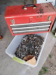 lot 149 image: Large Lot of Various Screws, Washers, Nuts, Bolts Large red Tool Box and so much more