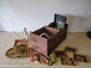 lot 76 image: Nasco ceramic Dcor, Willow Tree, Vintage TV tray and more with Double sided Wood Crate