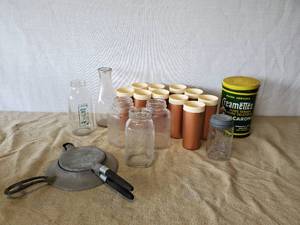 lot 81 image: Vintage Krumkake, Jars, Vintage Creamettes Tin, Thermo-Serv Glasses and more