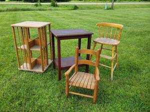 lot 85 image: Lot of Vintage Childrens Chairs Side Table and Spinning Storage