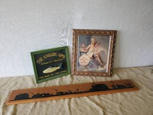 lot 88 image: Framed Elvgrin Advertisement, Vintage Anglers Dcor, and Vintage Steam and Chaff Wooden Dcor