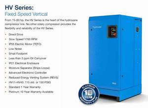 lot 2 image: MSRP $18,000 Hydrovane HV22&nbspRegulated Speed Rotary Vane Compressor -&nbspenclosed for quiet operation, with a small footprint & low noise levels - Excellent Working Condition - Side Tank Optional (Not Pictured) See PDFs for operation & Info
