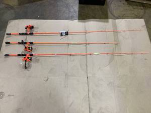 lot 403 image: LOT OF 3 Lews Xfinity Spinning Reel and Fishing Rod Combo, 6-Foot 6-inch Rod, Size 30 Reel, Orange