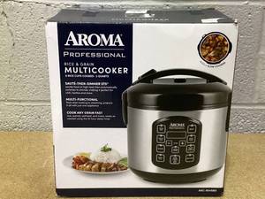 lot 433 image: Aroma Professional 8-Cup (Cooked)  2Qt. Rice & Grain Multicooker, Stainless Steel, New, ARC-954SBD