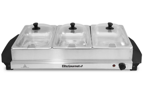 lot 170 image: Elite Gourmet 3 Tray 7.5-Quart Triple Buffet Server Food Warmer with Clear Slotted Lids