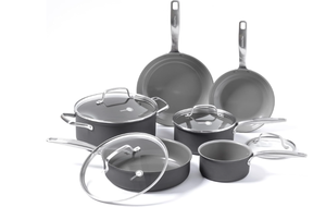 lot 79 image: GreenPan Chatham Hard Anodized Healthy Ceramic Nonstick 10 Piece Cookware Pots and Pans Set, Frying Pan Skillets, Saucepans, Saute Pan, Stockpot, Lids, PFAS & PFOA-Free, Dishwasher & Oven Safe