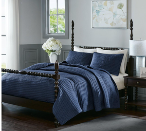 lot 425 image: Madison Park Signature Serene King Size Quilt Bedding Set - Navy Blue, Quilted  3 Piece Bedding Quilt Coverlets  100% Cotton Voile Bed Quilts Quilted Coverlet