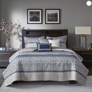lot 21 image: 6PCS KingCal King Madison Park Melody Reversible Jacquard Quilt Set With Throw Pillows