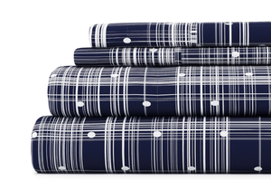 lot 478 image: 4PCS Cal King Size Noble Linens Pattern Microfiber Bed Sheets Set, Navy Polka Dot