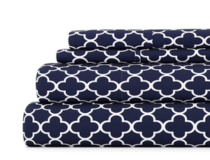 lot 480 image: 4PCS Cal King Size Navy Modern Elegance Quatrefoil Bed Sheets Set Bedding by Comfort Canopy