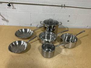 lot 389 image: All-Clad D3 3-Ply Stainless Steel Cookware Set 10 Piece, Induction Compatible, Oven Broiler Safe 600F