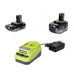 lot 36 image: RYOBI ONE 18V Lithium-Ion Starter Kit with 2.0 Ah Battery, 4.0 Ah Battery, and Charger Customer Returns See Pictures