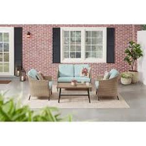 lot 40 image: StyleWell Park Pointe 4-Piece Wicker Patio Conversation Set with Seabreeze Blue Cushions Customer Returns See Pictures