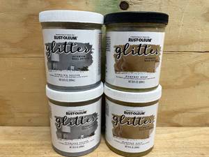 lot 173 image: RUST-OLEUM Lot of 4 28oz Containers of Glitter Paint - Harvest Gold  Sterling Silver