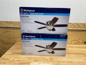 lot 237 image: Lot of 2 - Westinghouse 7247600, Sumter Brushed Nickel Flush Mount 52 Ceiling Fan with Light